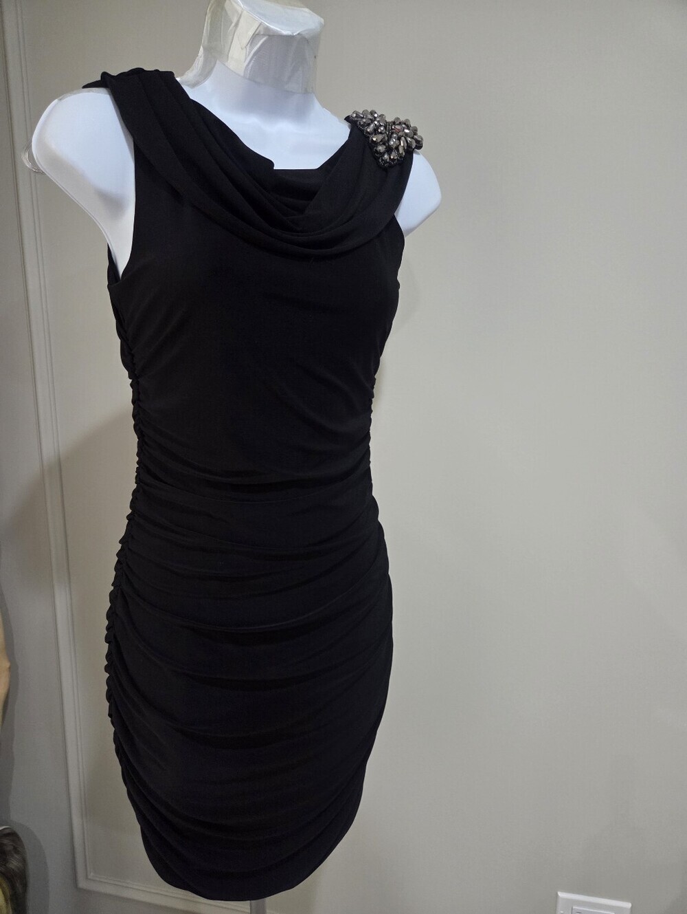 NWT Feriani Couture Black Draped Mini Dress with Jeweled Shoulder Sz.XS